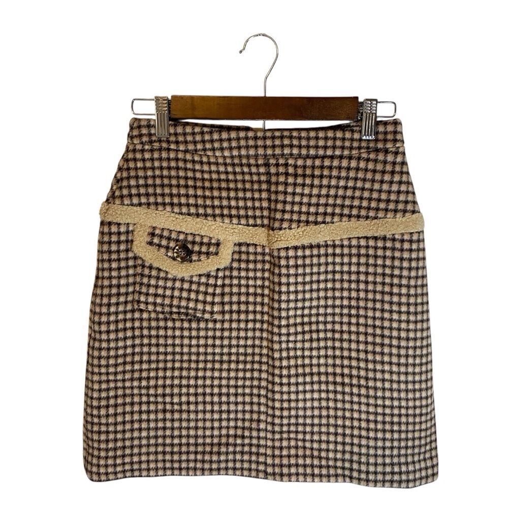 Petite Studio NYC  Beige Brown Plaid Wool Skirt XS  A-Line Academia Preppy